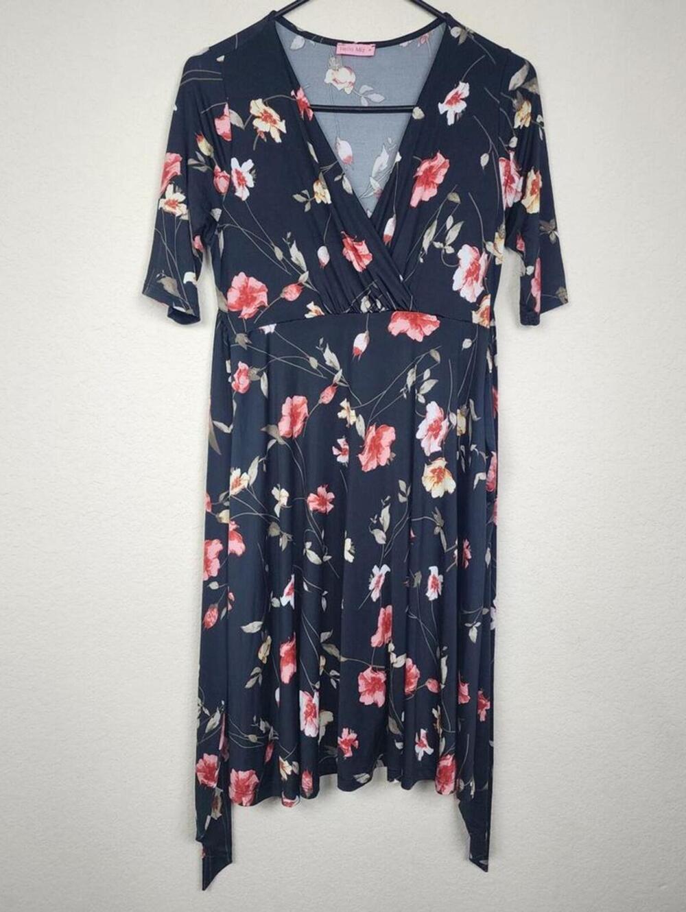 Vintage 90s Y2K Medium Black Floral Dress
